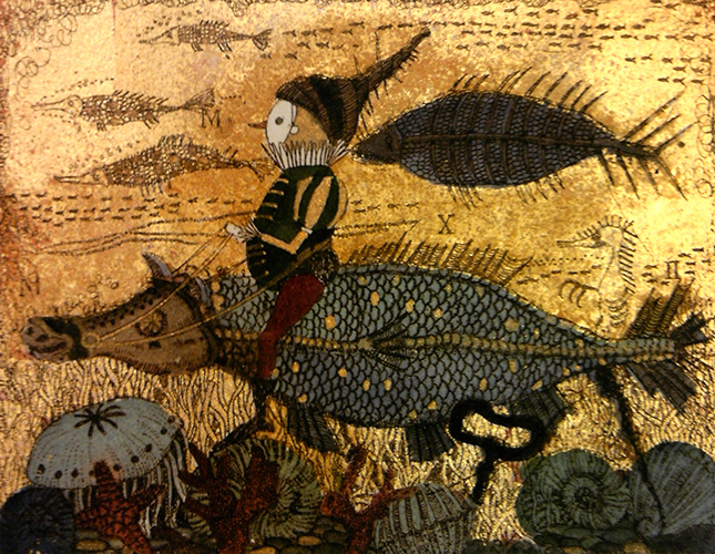 坪内好子 象と帆船のコンポジション 金箔＋銅版画＋手彩色32.5㎝×21.5