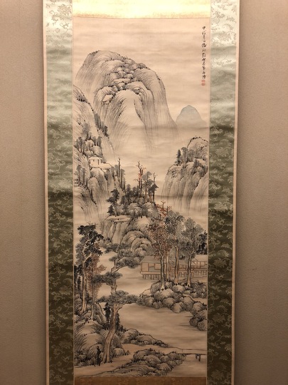 立原杏所【青緑山水図】絹本 掛軸・識箱／2重箱 (江戸時代・水戸藩士