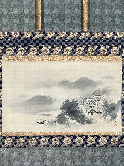 真作/狩野伊川院/人物山水図/三幅/金襴表装/布袋屋掛軸HG-24 真作/狩野