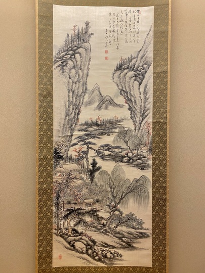 真作】田能村直入/湖舟画賛席上画/山水図/掛軸/名家伝来/AC-