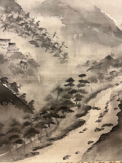 富田渓仙筆絹本彩色画【嵐山風景画】東京美術倶楽部極め箱模写NO66