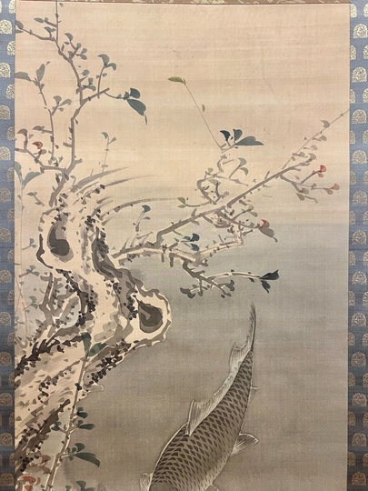 黒田稲皐/太公望/群鯉図/三幅対/花鳥図/人物図/掛軸/名家伝来/AD-896