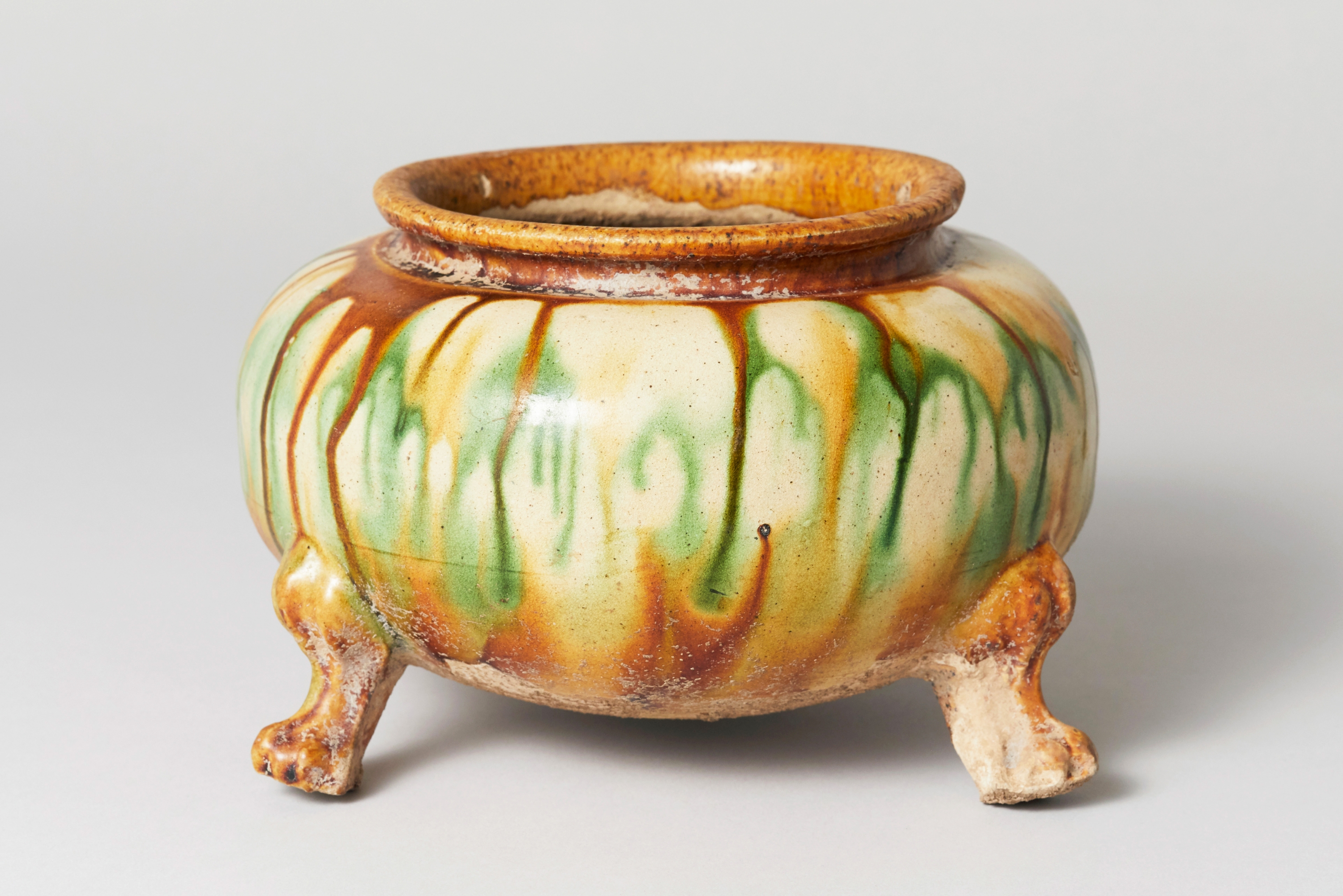 唐代 鞏県窯 陶磁器 絞胎緑釉三足熏爐【仁】染