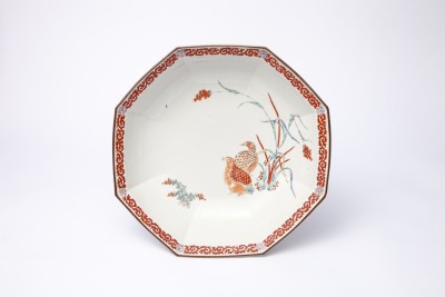 八角形 変形皿 無花果 色絵付 染付 中国童 柿右衛門様式 古伊万里 ロ号