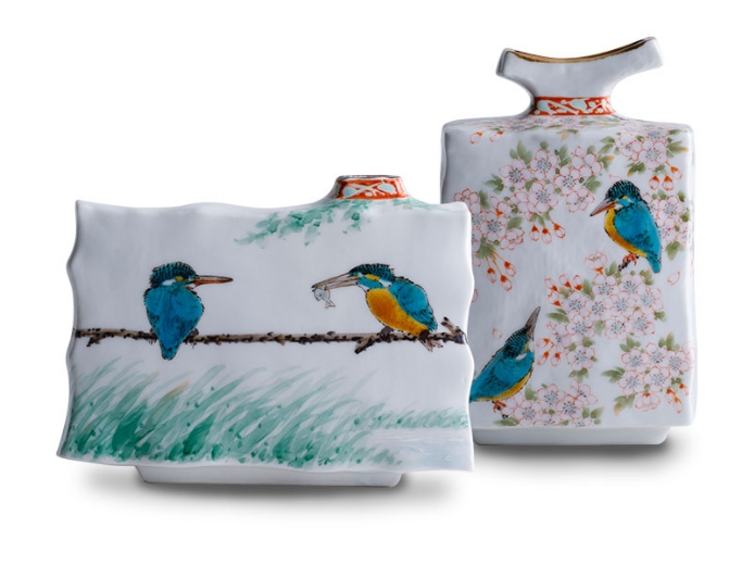 九谷焼 伝統工芸士 中村陶志人作 色絵 花雀文瓶 箱蓋無し C R7743B