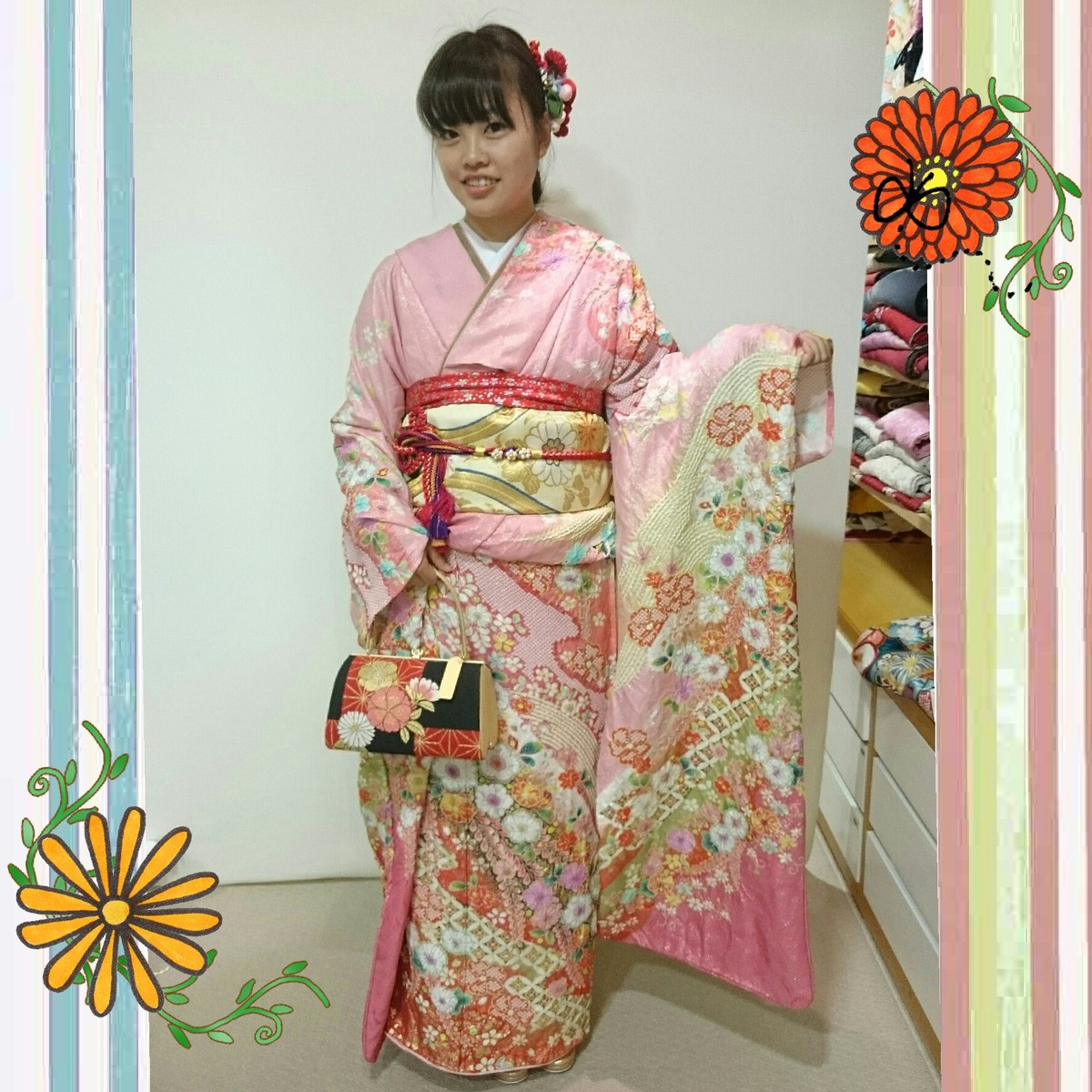 振袖ピンク辻ヶ花風落款あり