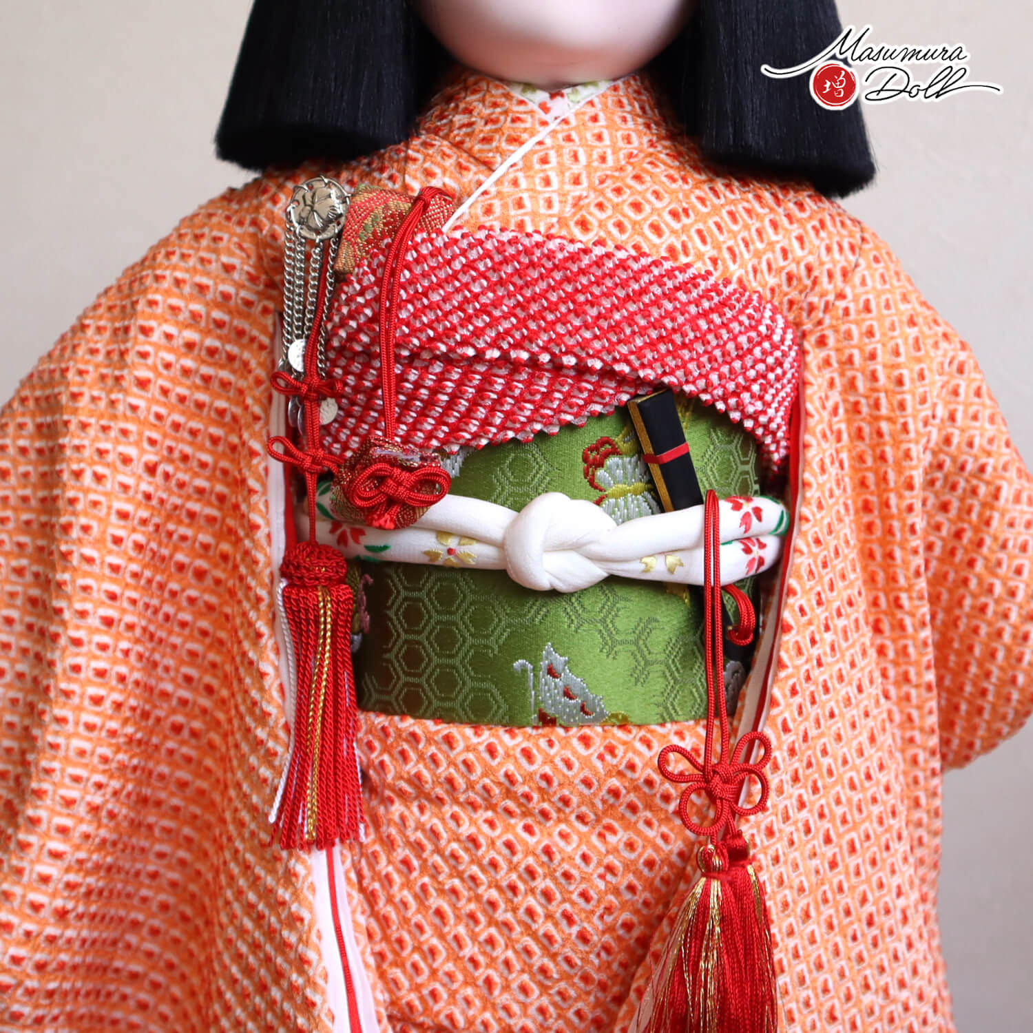 元賀章介作 12号(尺二) 着尺 正絹 絞り染 朱色 ピンク 市松人形 越前塗