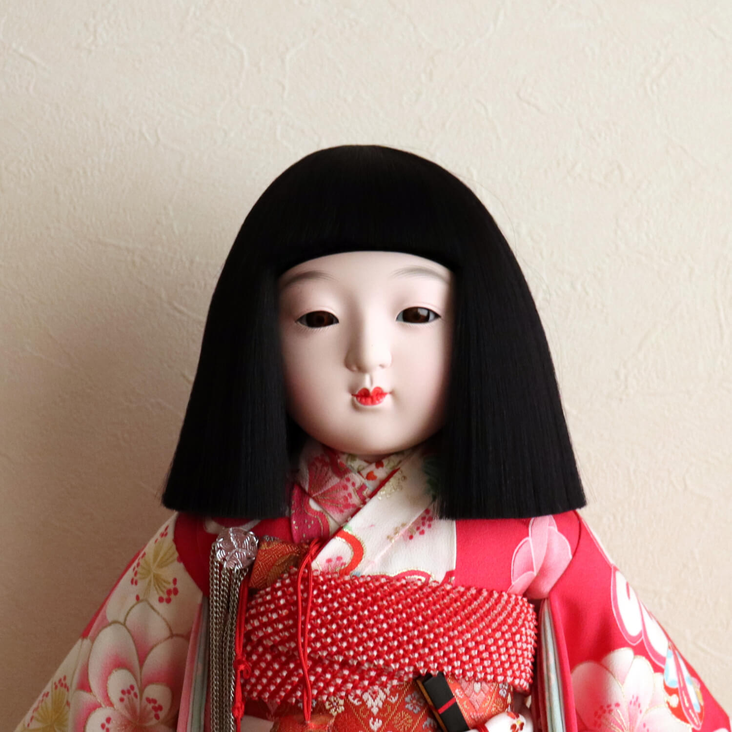 元賀章介作 12号(尺二)別染 着尺 梅に桜 濃いピンク色 台 市松人形