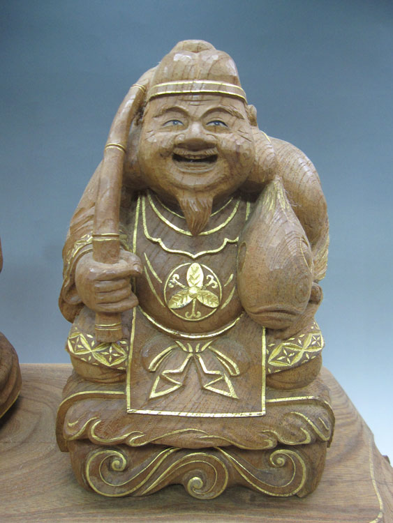 欅 恵比寿大黒 日本彫刻 仏師 藤井崇護作 截金仕上 在銘 古代仏像彫刻