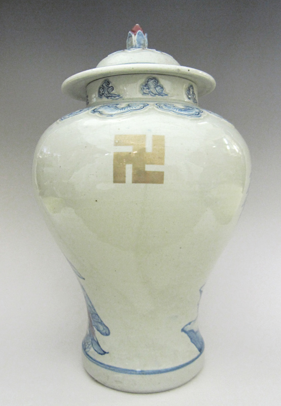 李朝 青花仏文蓋付壺 全高36cm 韓国 朝鮮 陶磁器 希少 地蔵 卍