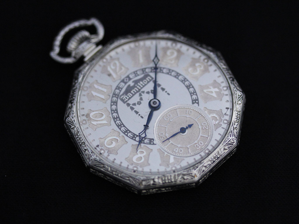 ハミルトン アンティーク懐中時計 アールデコ・立体模様の文字盤