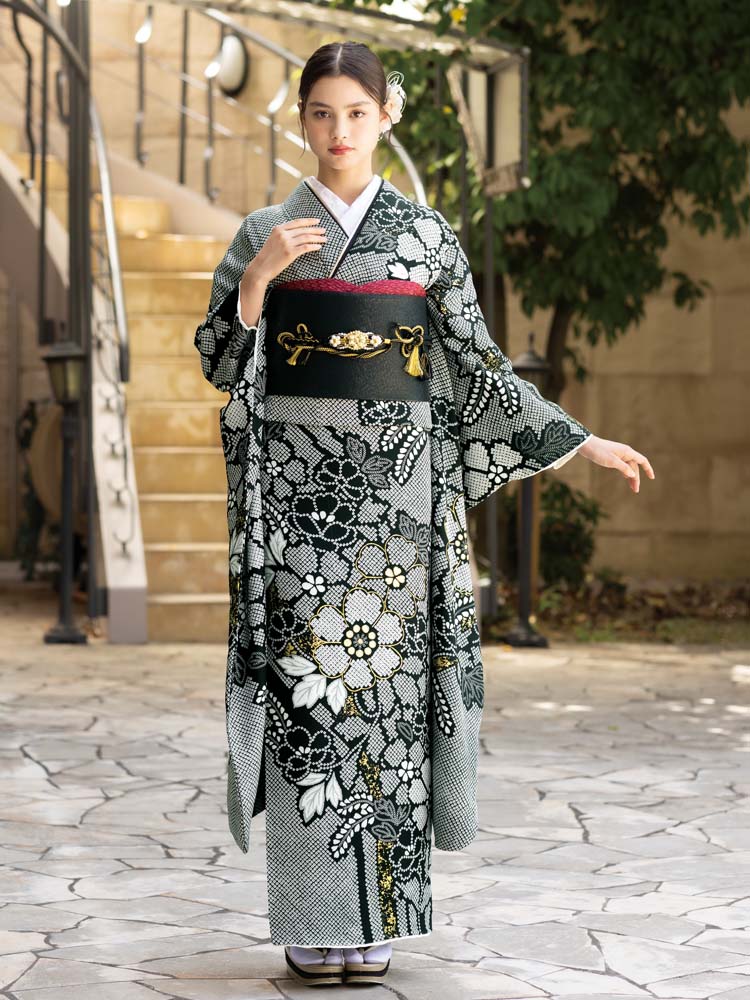 振袖フルセット赤黒系成人式正絹