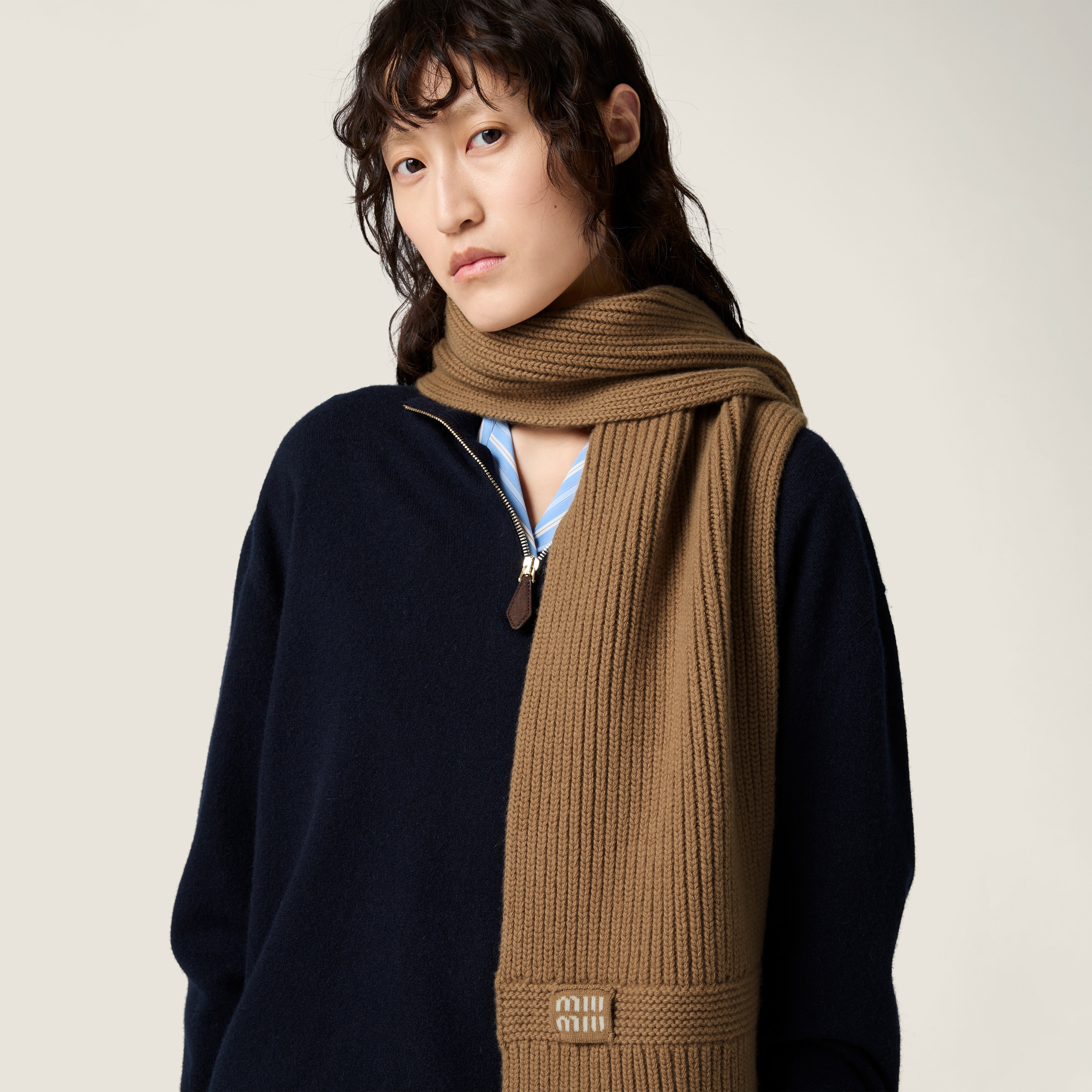Camel Brown Cashmere Scarf | Miu Miu