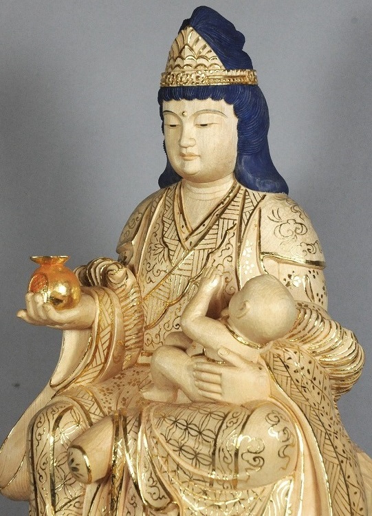 月末セール・新品】 子安鬼子母神 木地彫り 下台付 高さ約13cm 鬼子母