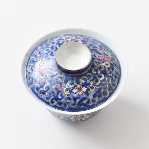 蓋物□中国 青磁 染付 唐子 大清滋正年製 印判 蓋茶碗 漆器台付 時代物