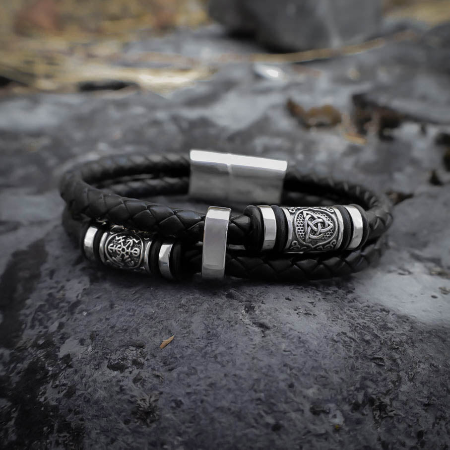 Viking Runic Braided Bracelet - Norse Leather Bracelet with Silver