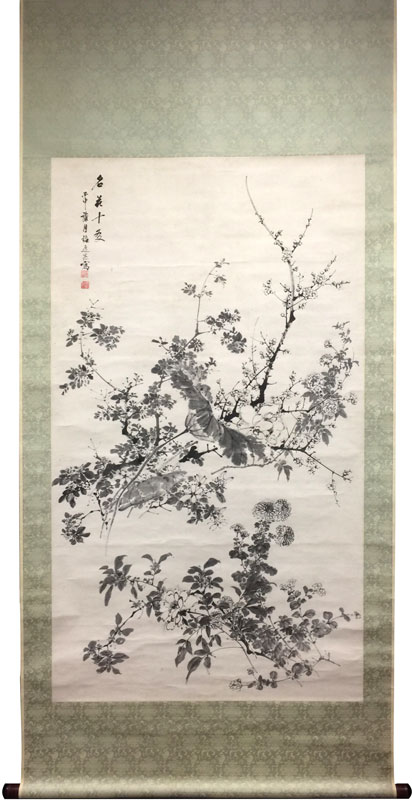 真作/平野富山/藤の花画賛/彩華優静/掛軸/名家伝来AH-550