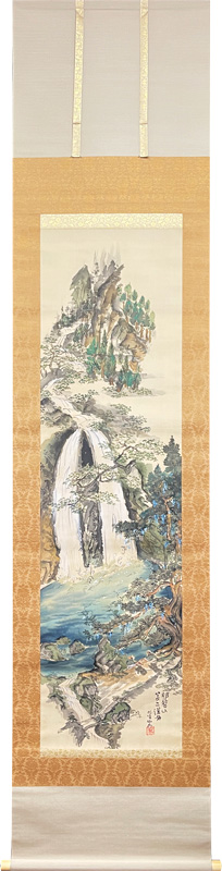 富田渓仙 絹本着色【秋景紅葉乃瀧】 渓仙自題箱 二重箱肉筆画 真作保証