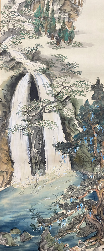 富田渓仙 絹本着色【秋景紅葉乃瀧】 渓仙自題箱 二重箱肉筆画 真作保証