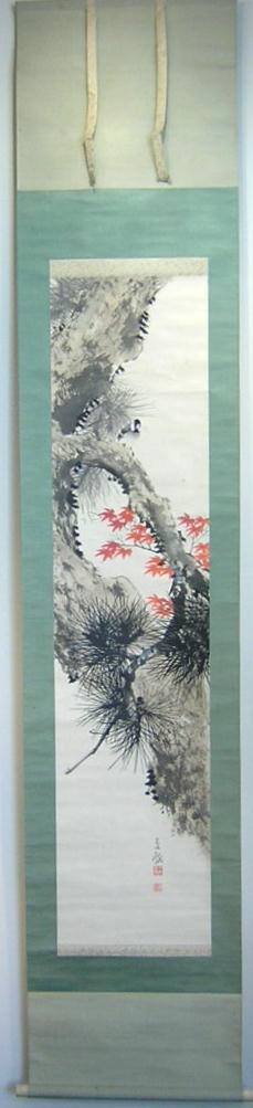 掛軸•日本画森山香浦「藤に百舌鳥」