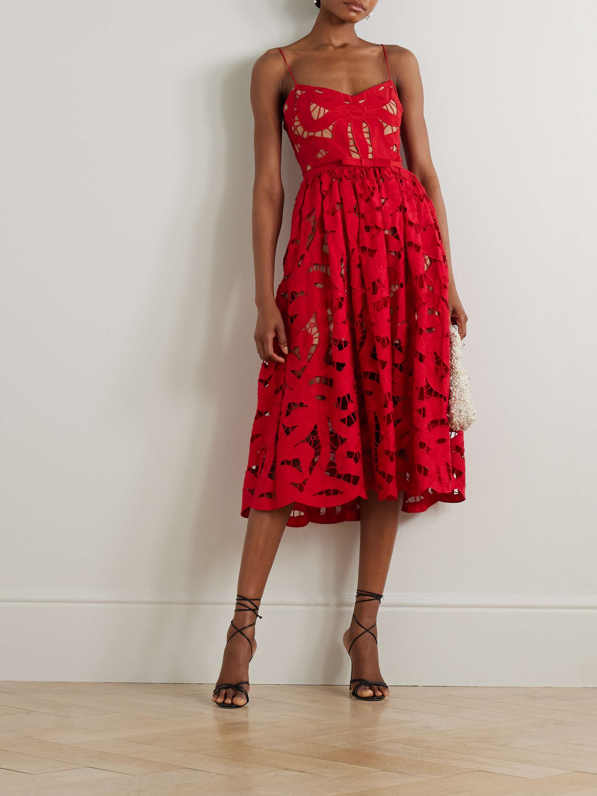 SELF-PORTRAIT Bow-detailed cotton-guipure lace midi dress | NET-A