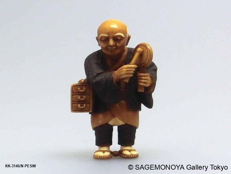 牙 骨 柘植等（天然素材） 鏡蓋（銅銀象嵌）饅頭根付 銘有り 修復