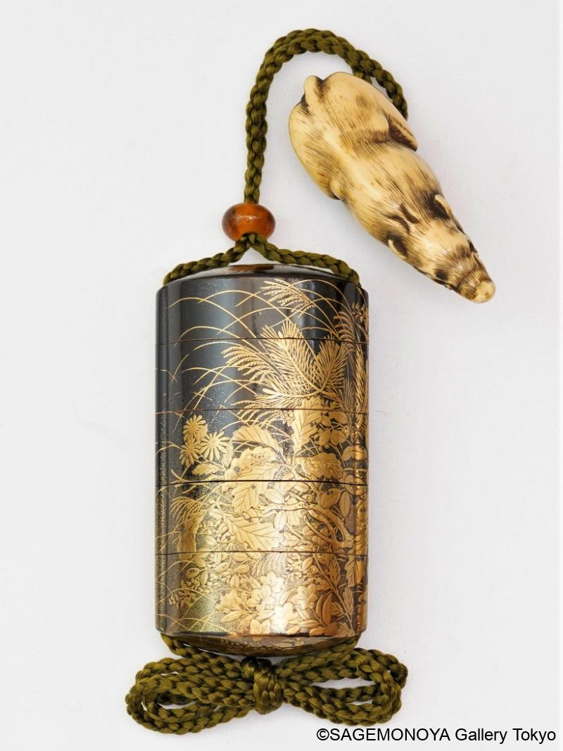 時代物 秋草蒔絵 象嵌細工 印籠 根付 時代物 秋草蒔絵 象嵌細工 印籠