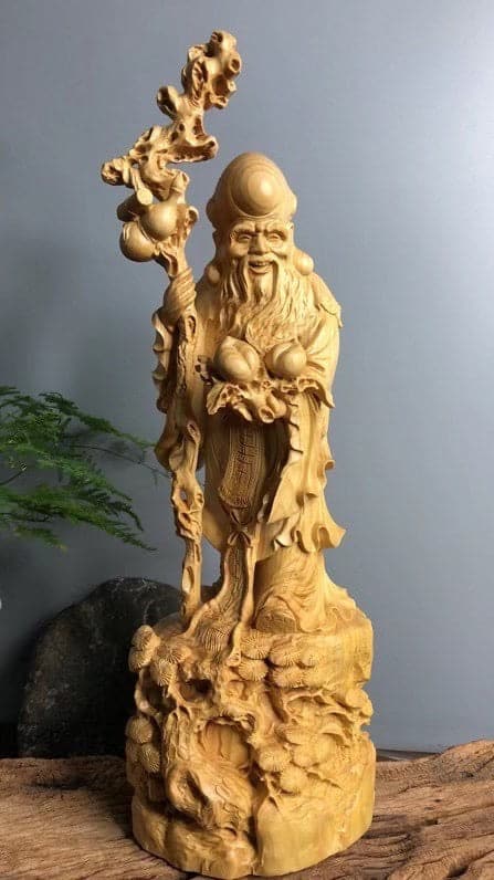 福禄寿 木彫り 天然木 台座付 木彫 寿老人像 天然木 置物 七福神 福