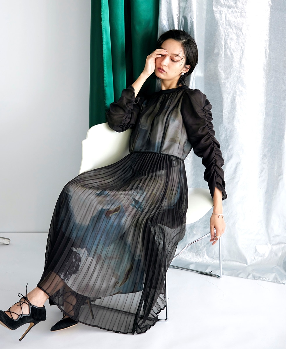 結婚式・パーティー・オケージョンドレス】プリント重ねシフォン