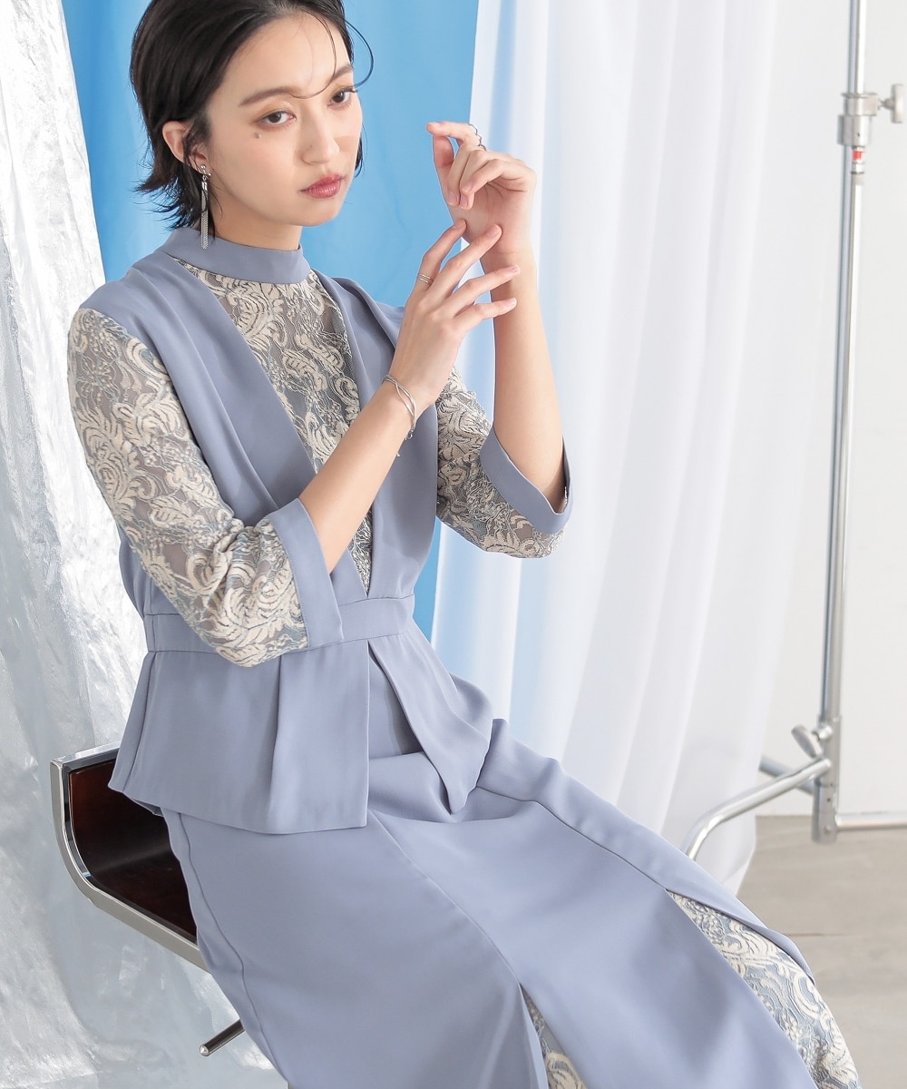 結婚式・パーティー・オケージョンドレス】スタンドカラーレース切替