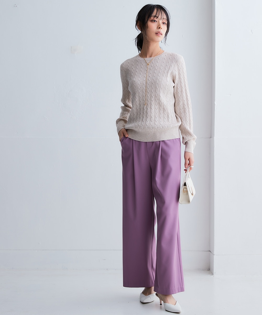 ムースタッチニット柄編みクルーネックトップス（静電気防止・毛玉防止