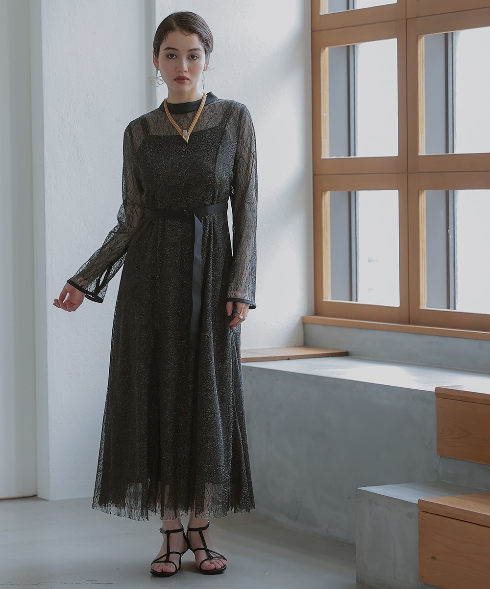 結婚式・パーティー・オケージョンドレス】ウエストベルト付ラメレース