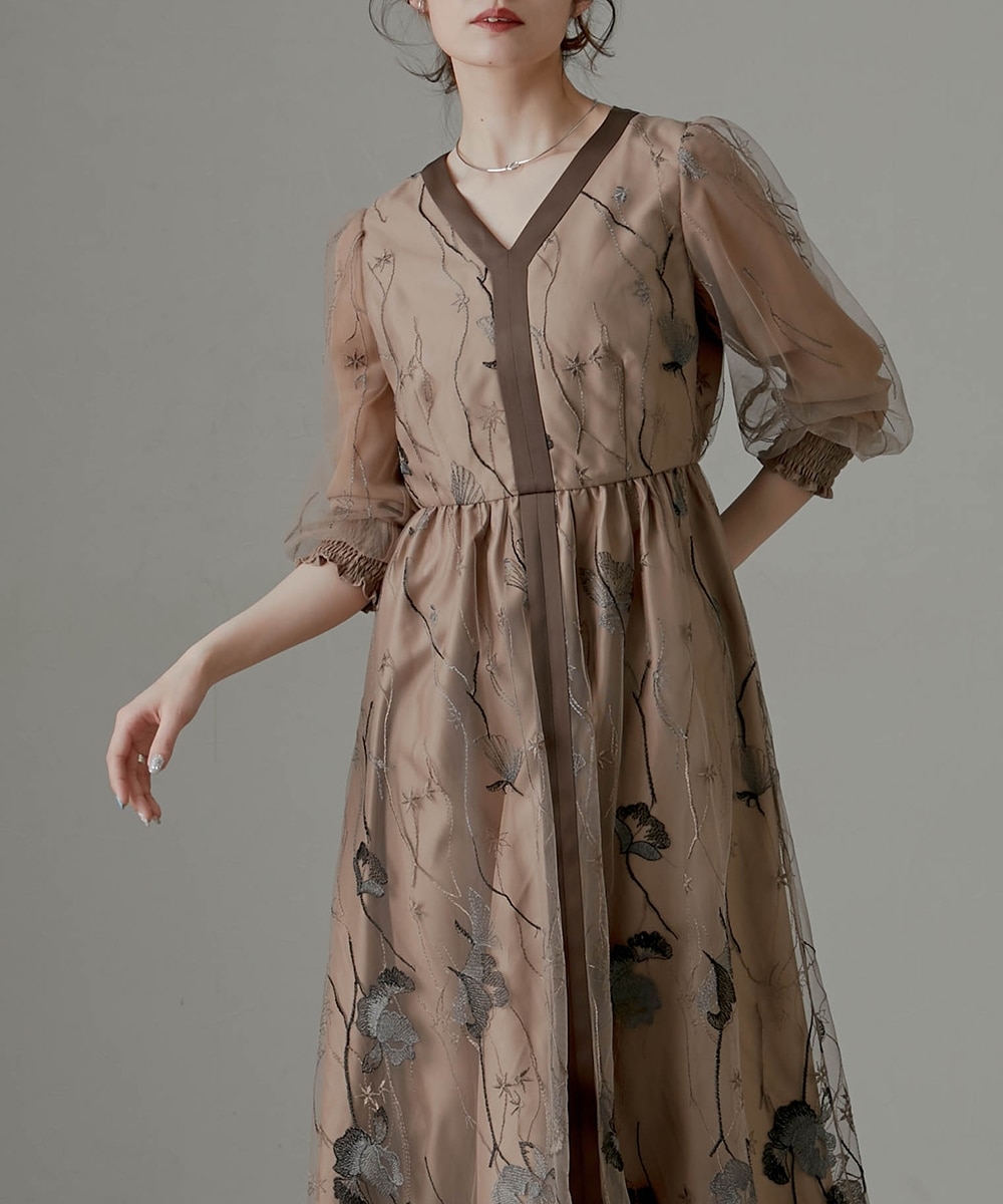 結婚式・パーティー・オケージョンドレス】Ⅴネック刺繍レース