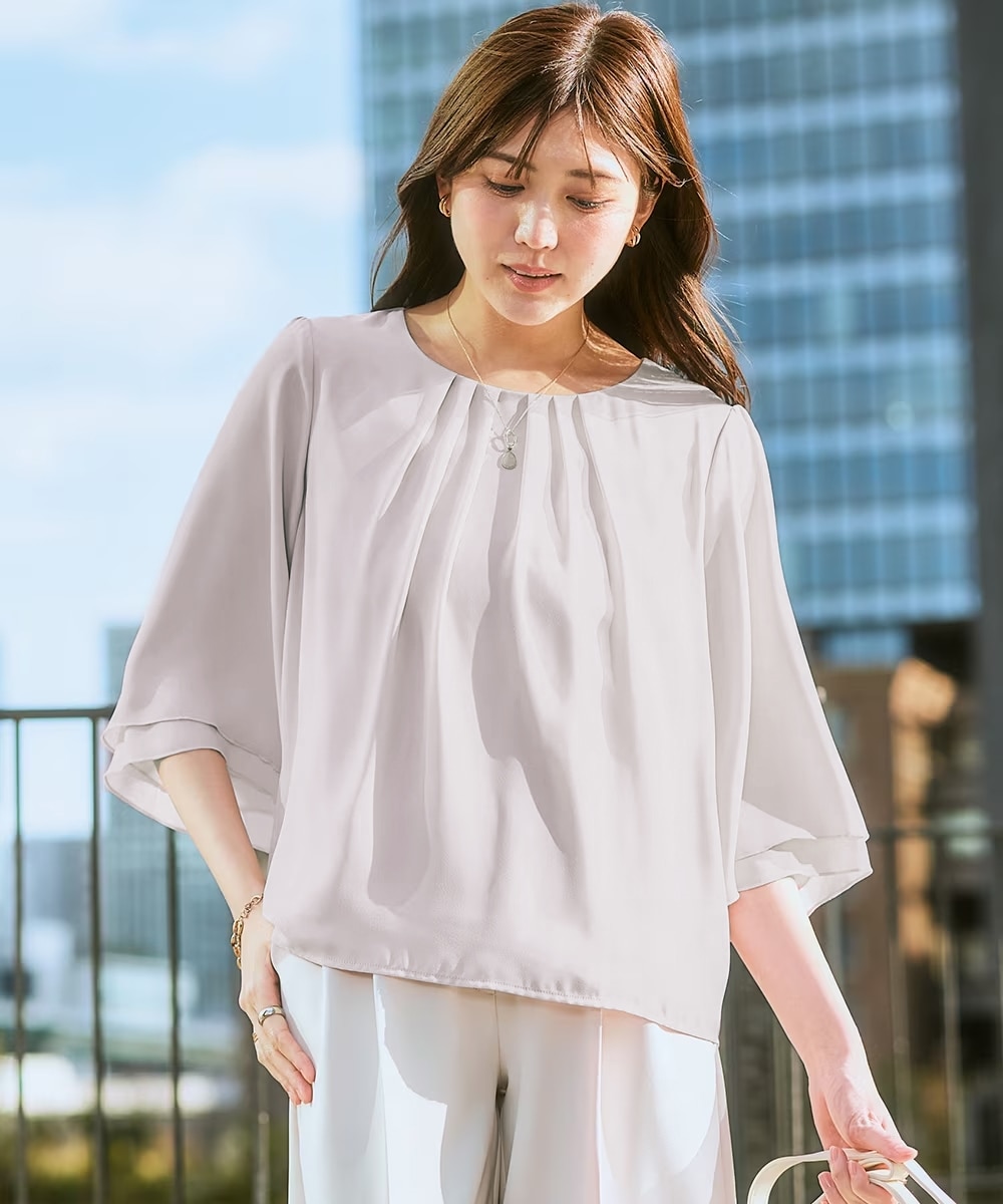 カットソー裏地付】ジョーゼットフレア7分袖ブラウス<大きいサイズ有