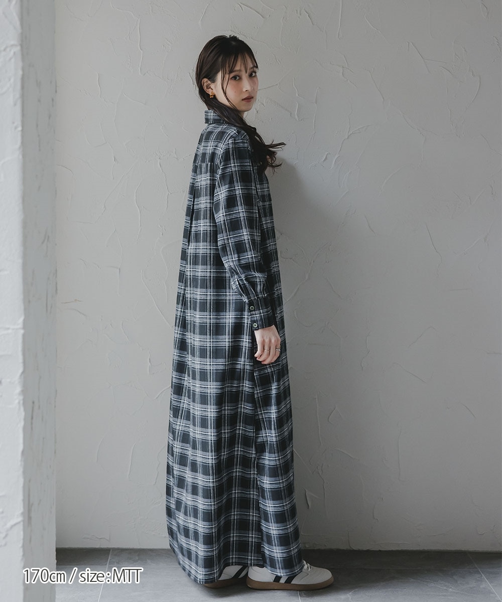 高身長 チェック柄マキシ丈シャツワンピース（トールサイズ）Essenave