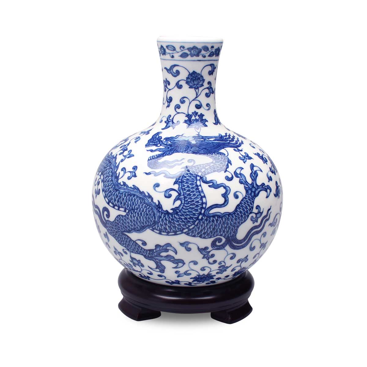 中国 青花 雲龍鳳凰文瓶 花瓶 唐木台付 一双 箱付 V 9066A 中国 青花