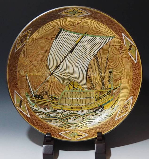 北村隆の九谷焼 金彩 代表作「北前船飾皿」（大皿）の販売｜小川処堂