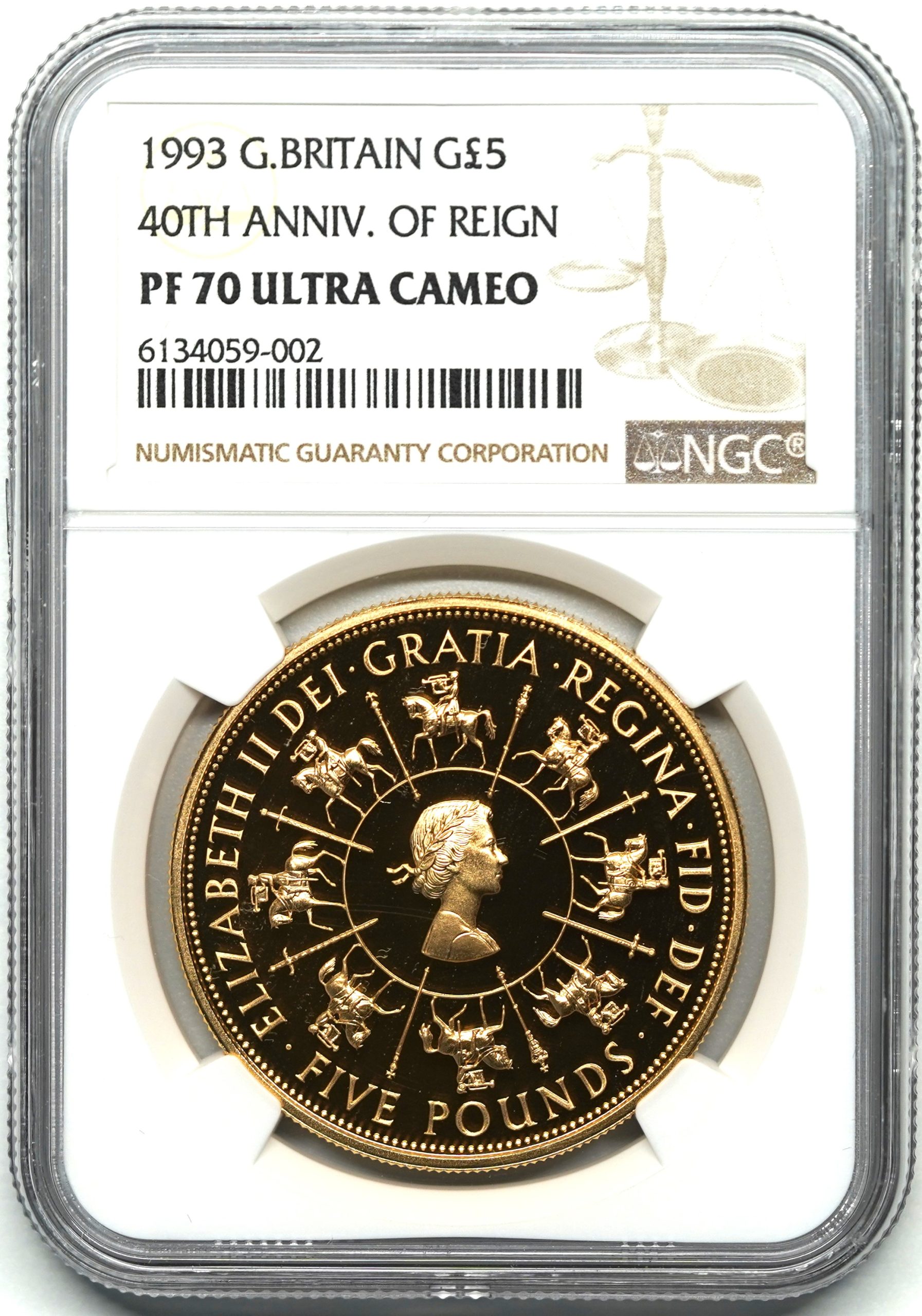 Sold】1993年 エリザベス2世 戴冠40年記念 5ポンド金貨 PF70UCAM NGC