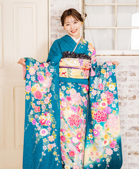 美品！振袖フルセット ロイヤルブルー 御所車と牡丹 成人式 卒業式