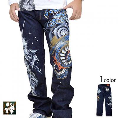 禅×がしゃ手描きデニムパンツ「武士髑髏VS青龍」 禅 和柄 和風 手書き