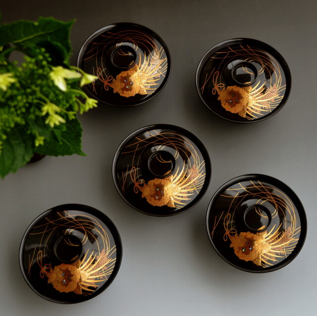 CM6 時代 加賀蒔絵 鳥図 溜塗内黒 椀 五客 木製漆器 天然木 雉・春草