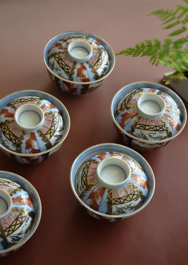 萬古焼 安南模写 蜻蛉絵 酒盃 煎茶器 五客 時代箱付 V R4747 萬古焼