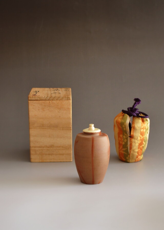 茶道具 備前焼 木村陶峰造 肩衝茶入 仕覆付 共箱 V 8633