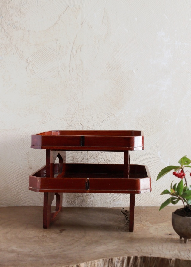 デッドストック！前大峰作！極上沈黒草文の脚付四方膳3点（検輪島塗お