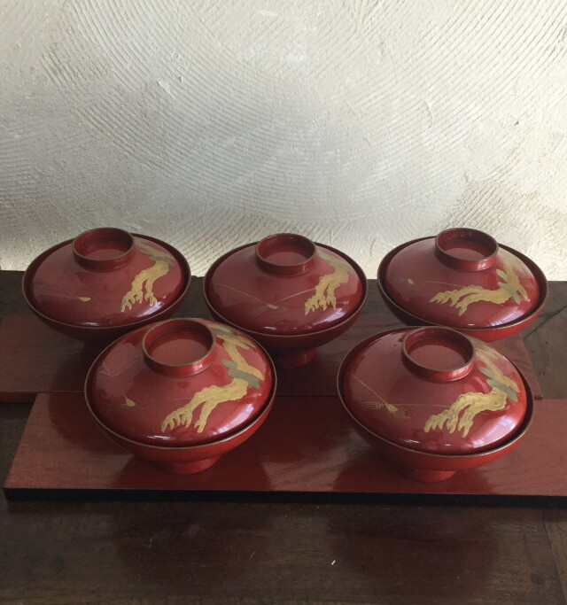 輪島塗】朱漆塗り 沈金 桜に紅葉の図 蒔絵 菓子皿 菓子器 盛り皿 五客