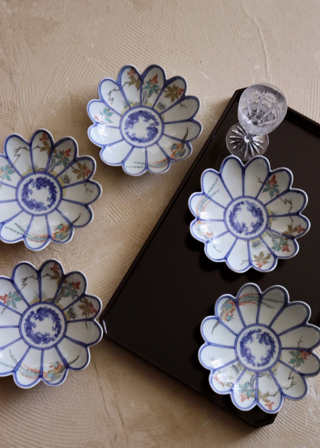 変形皿 貝型 5枚 古伊万里 江戸 蝶 花 宝 色絵付 珍品 希少