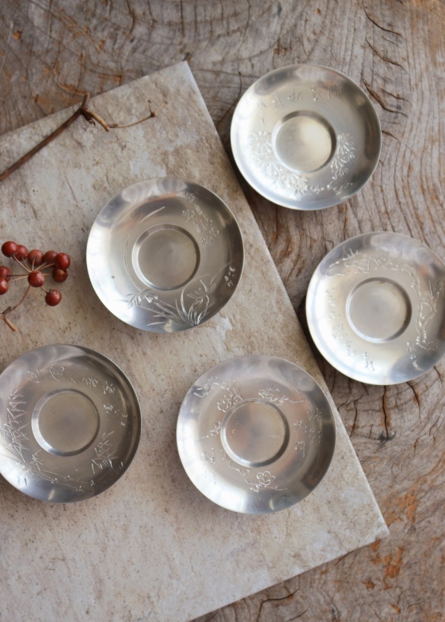 純錫圓式茶托 5枚組 秦蔵六作 四君子霊芝 茶器