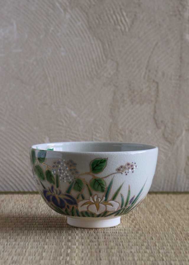仁清写菖蒲紫陽花絵茶碗 中村陶彩作茶碗 京焼 茶道具 抹茶碗