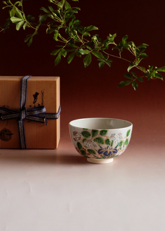 仁清写菖蒲紫陽花絵茶碗 中村陶彩作茶碗 京焼 茶道具 抹茶碗