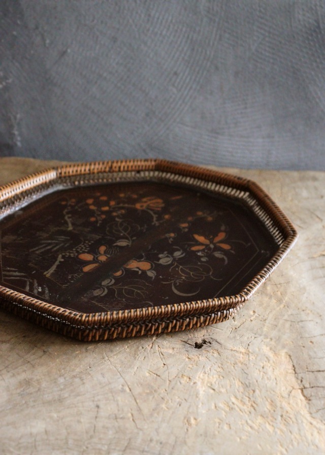 味のある漆絵八角盆 竹編 飾盆 民藝 煎茶盆 李朝